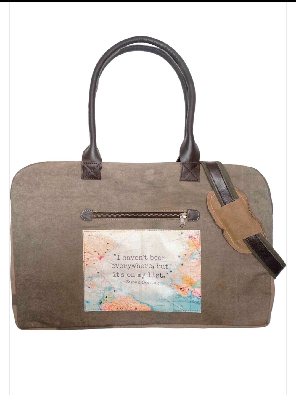 Vintage Addiction “Its on my List” Taupe Canvas Travel Tote Bag with Map Patch